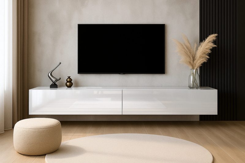 Hängendes TV-Lowboard Galizia 180cm Weiß Hochglanz mit 2 Türen im modernen Wohnzimmer.