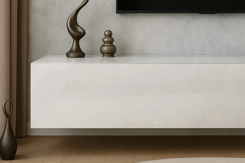 Detailaufnahme linke Seite des TV-Lowboards Galizia Weiß Hochglanz mit Dekoration.