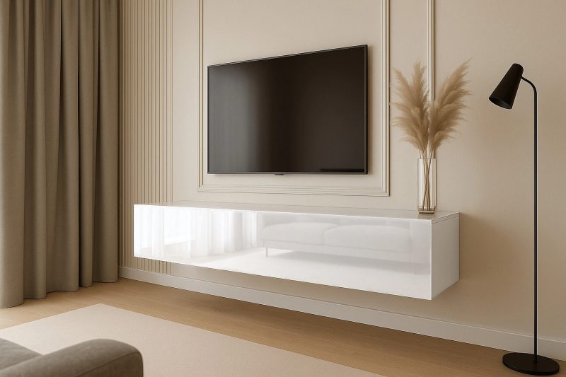 Seitenansicht des TV-Lowboards Galizia 140cm Weiß Hochglanz mit Wandmontage.