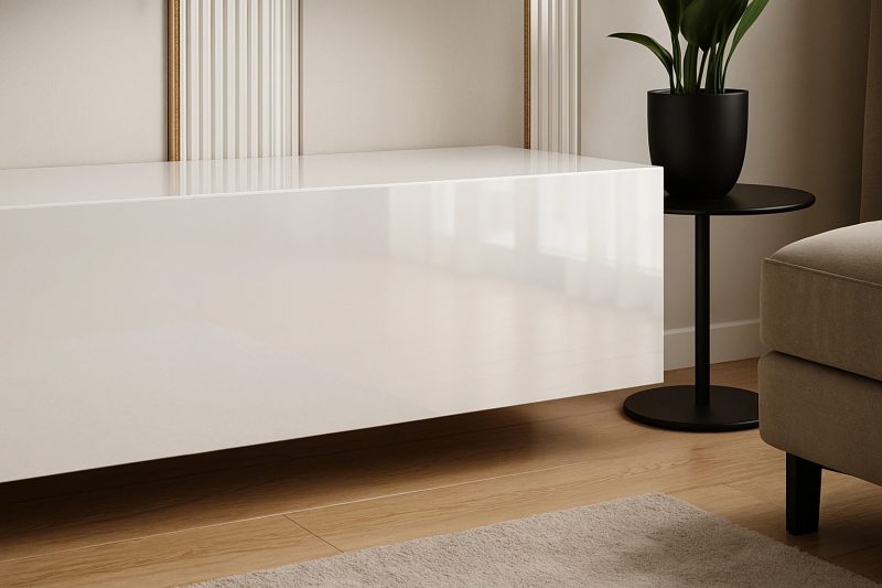 Detailaufnahme der Front des TV-Lowboards Galizia 140cm Weiß Hochglanz.