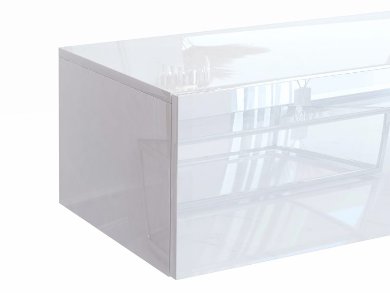Eckdetail des TV-Lowboards Galizia 140cm Weiß Hochglanz mit glänzender Oberfläche.