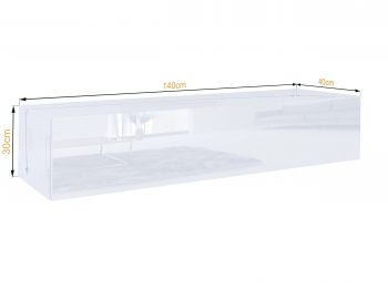 Maße des TV-Lowboards Galizia 140cm Weiß Hochglanz mit Höhen- und Tiefenangabe.