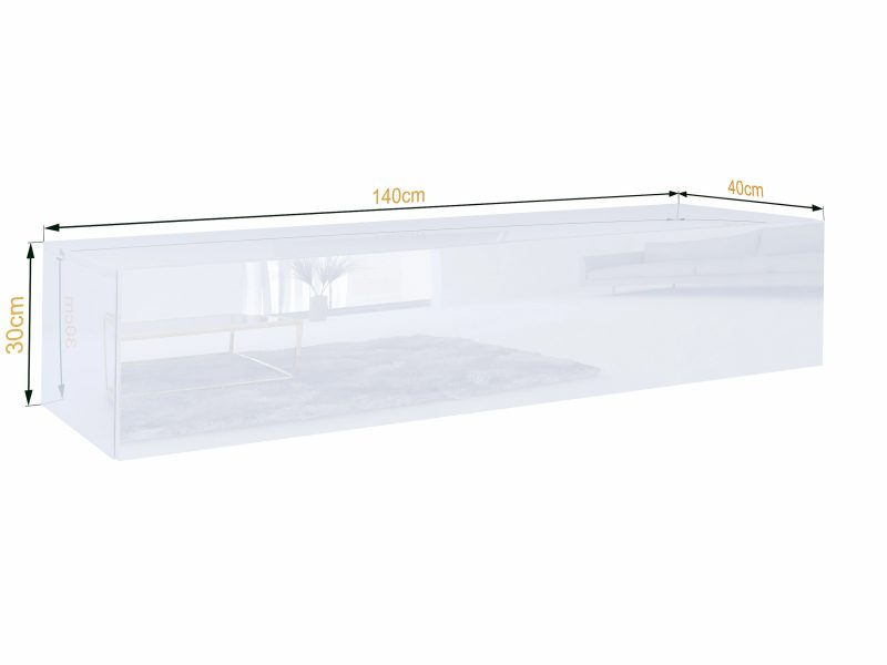 Maße des TV-Lowboards Galizia 140cm Weiß Hochglanz mit Höhen- und Tiefenangabe.