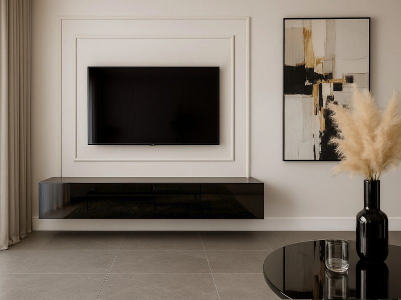 Modernes TV-Lowboard Galizia 140cm Schwarz Hochglanz, hängend montiert unter Fernseher im eleganten Wohnzimmer