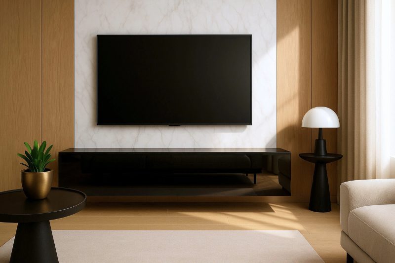 Schwarzes TV-Lowboard Galizia in Hochglanz, hängend montiert im modernen Wohnzimmer mit TV