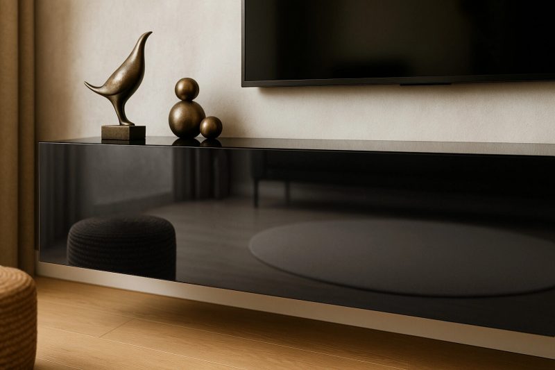 Detailaufnahme TV-Lowboard Galizia in Schwarz Hochglanz mit Dekofiguren auf der Oberseite