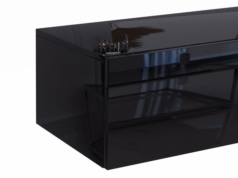 Eckansicht TV-Lowboard Galizia Schwarz Hochglanz mit reflektierender Oberfläche