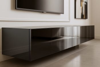 Seitenansicht TV-Lowboard Galizia 180cm Schwarz Hochglanz, hängend an der Wand mit reflektierender Frontfläche