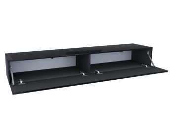 Geöffnetes TV-Lowboard Galizia 180cm Schwarz Hochglanz mit zwei Fächern und Klapptüren