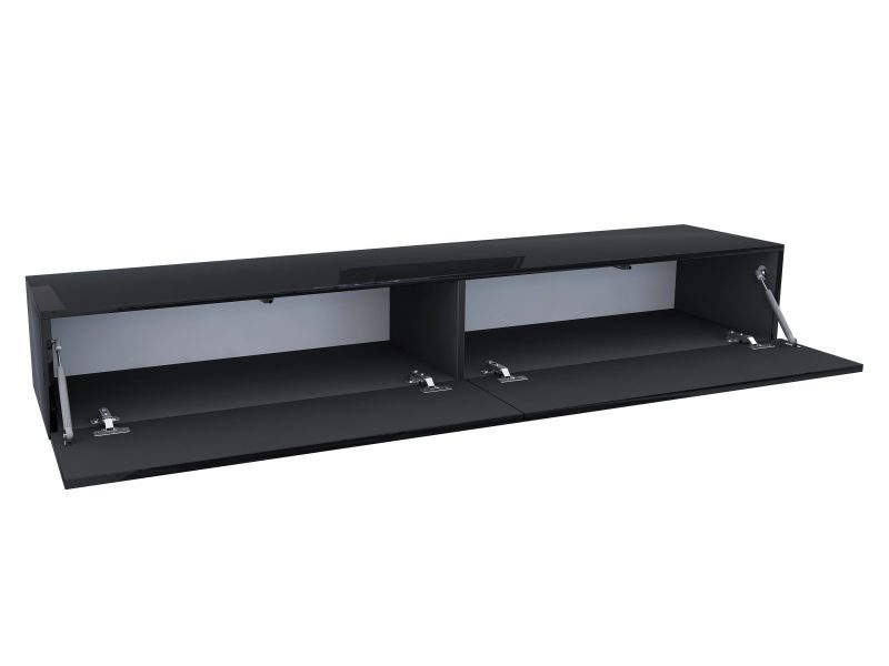 Geöffnetes TV-Lowboard Galizia 180cm Schwarz Hochglanz mit zwei Fächern und Klapptüren