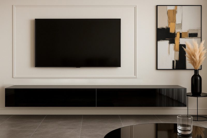 TV-Lowboard Galizia 280cm Schwarz Hochglanz, hängend montiert im eleganten Wohnzimmer unter großem Fernseher