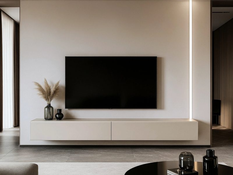 Modernes Wohnzimmer mit TV-Lowboard Galizia 180cm Kaschmir Matt, wandhängend unter großem Fernseher