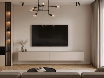 TV-Lowboard Galizia 180cm Kaschmir Matt, hängend in stilvollem Wohnzimmer mit Dekoration und TV