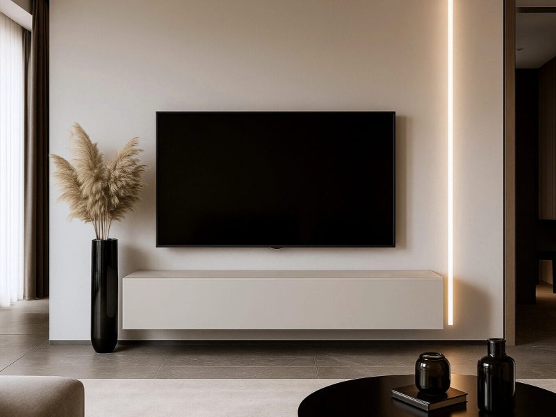 Wohnzimmer mit TV-Lowboard Galizia 140cm Kaschmir Matt, hängend unter Fernseher