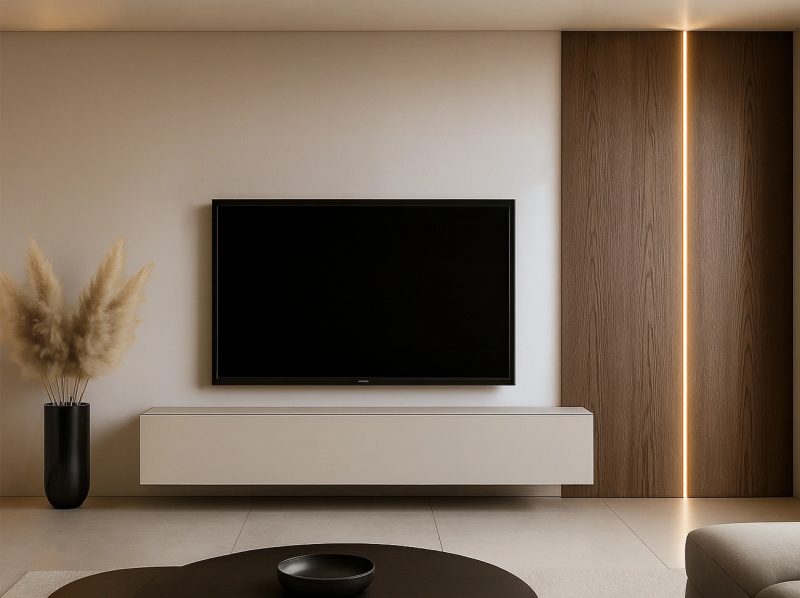 TV-Lowboard Galizia 140cm Kaschmir Matt, modernes Wohnzimmer mit Holzwand und TV