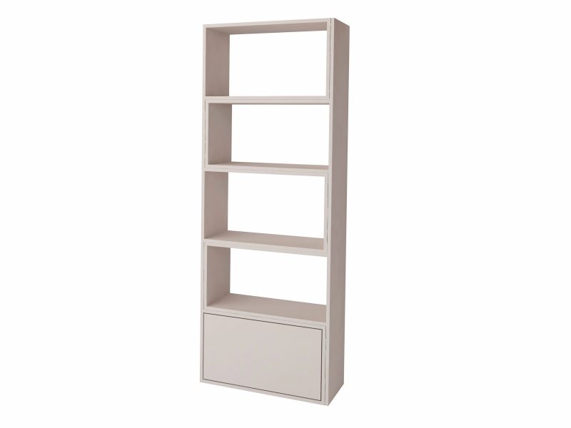 Schmaler Regal Diadema in Kaschmir Matt mit offenen Fächern und Klappe, freigestellt.