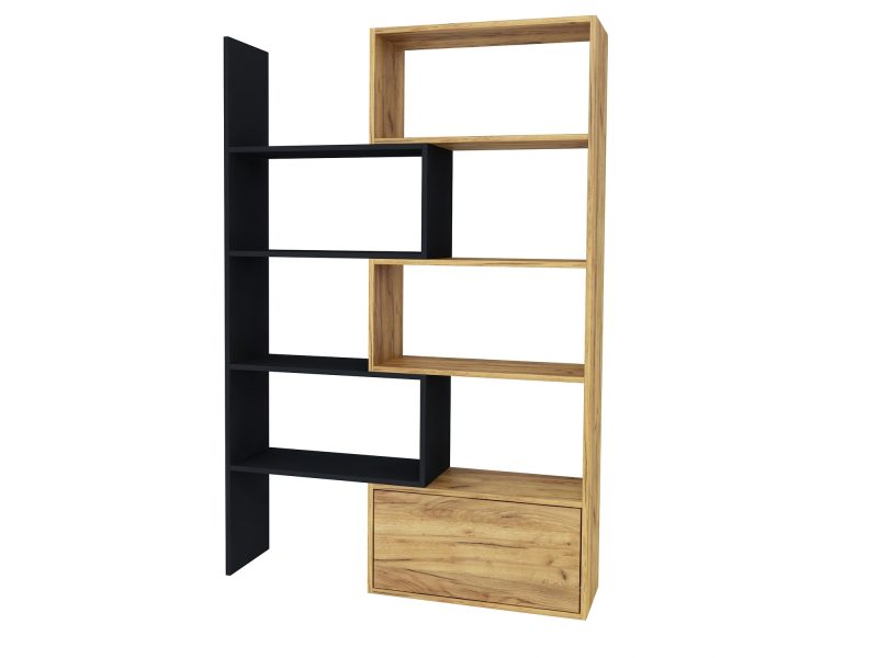 Regal Diadema 130cm mit asymmetrischen Ablagen, Eiche Craft Gold und Schwarz Matt.