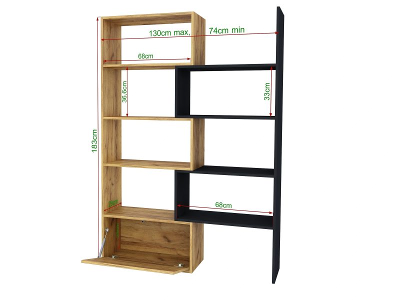 Regal Diadema 130×183×29 cm mit Maßangaben, Kombination aus Holzdekor und Schwarz Matt.