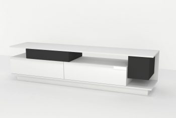 TV-Lowboard Malaga 180cm Weiß Hochglanz mit schwarzen Elementen, schräge Frontansicht.