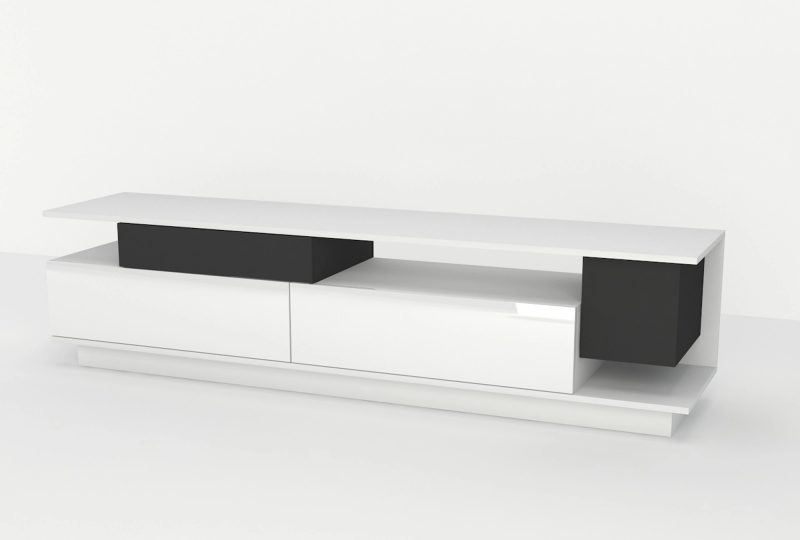 TV-Lowboard Malaga 180cm Weiß Hochglanz mit schwarzen Elementen, schräge Frontansicht.