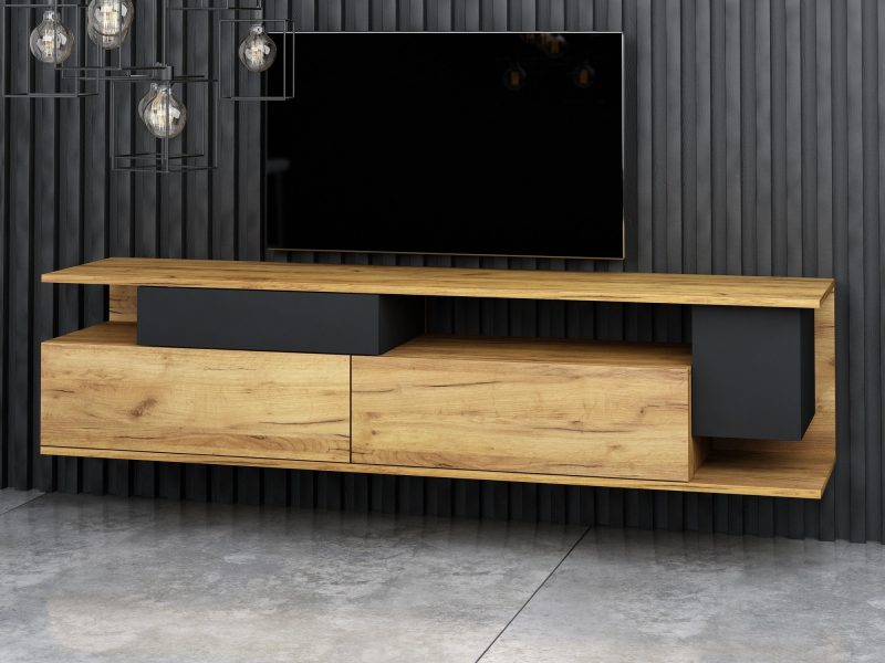 TV-Lowboard Malaga 180cm Eiche Craft Gold matt mit schwarzen Elementen im modernen Wohnzimmer mit Wand-TV.