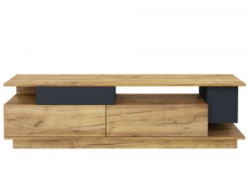 TV-Lowboard Malaga 180cm Eiche Craft Gold matt mit schwarzen Elementen, Frontansicht auf weißem Hintergrund.