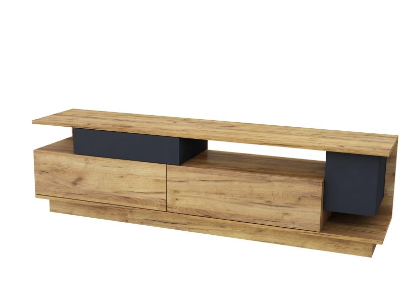 TV-Lowboard Malaga 180cm Eiche Craft Gold matt mit schwarzen Elementen, schräge Frontansicht.