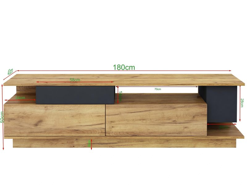 TV-Lowboard Malaga 180cm Eiche Craft Gold matt mit schwarzen Fronten, Maße und Abmessungen in cm.