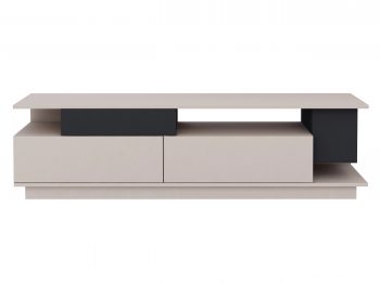 TV-Lowboard Malaga 180cm Kaschmir Matt mit schwarzen Elementen, schräge Frontansicht.