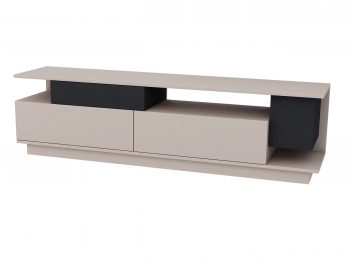 TV-Lowboard Malaga 180cm Kaschmir Matt mit schwarzen Elementen, seitliche Perspektive.