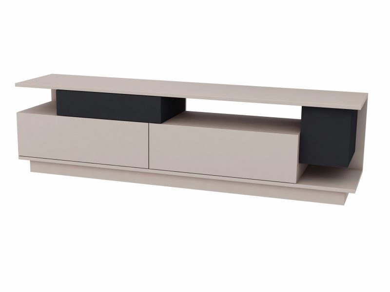 TV-Lowboard Malaga 180cm Kaschmir Matt mit schwarzen Elementen, seitliche Perspektive.