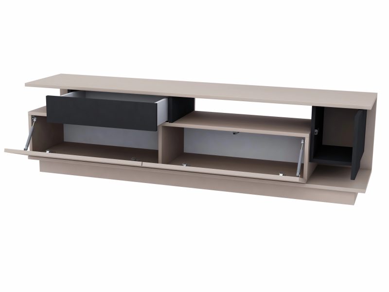 TV-Lowboard Malaga 180cm Kaschmir Matt mit schwarzen Elementen, geöffnet mit Stauraum und Schublade.