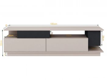 TV-Lowboard Malaga 180cm Kaschmir Matt mit schwarzen Elementen, Maße und Abmessungen in cm.