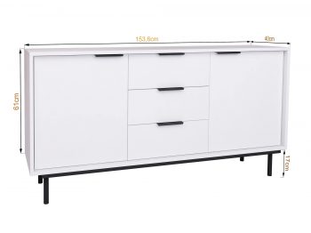 Kommode Cala Weiß Matt auf schwarzen Beinen mit Maßangaben 154 × 61 × 40 cm