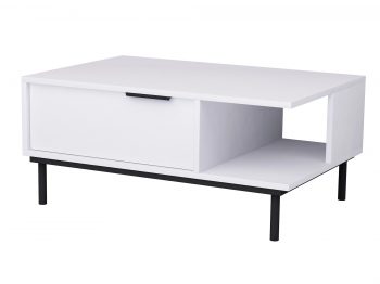 Couchtisch Cala Weiß Matt 90cm, schräge Frontansicht mit offener Ablage