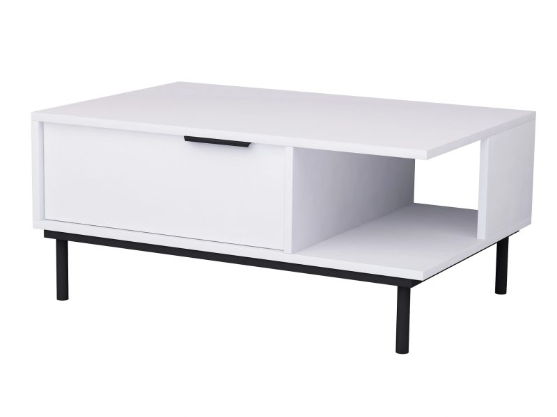 Couchtisch Cala Weiß Matt 90cm, schräge Frontansicht mit offener Ablage