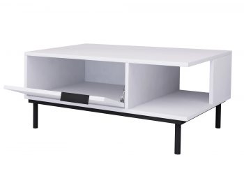 Couchtisch Cala 90cm Weiß Matt mit geöffneter Schublade und Ablagefach