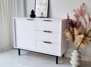 Kommode Cala Weiß Matt 104cm mit drei Schubladen und einer Tür, rechte Seitenansicht