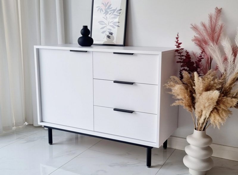 Kommode Cala Weiß Matt 104cm mit drei Schubladen und einer Tür, rechte Seitenansicht