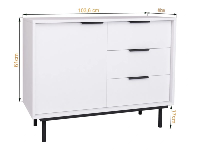 Kommode Cala Weiß Matt auf schwarzen Beinen mit Maßangaben 104 × 61 × 40 cm