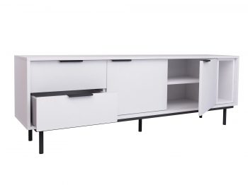 TV-Lowboard Cala Weiß Matt 175cm mit geöffneten Schubladen und Türen