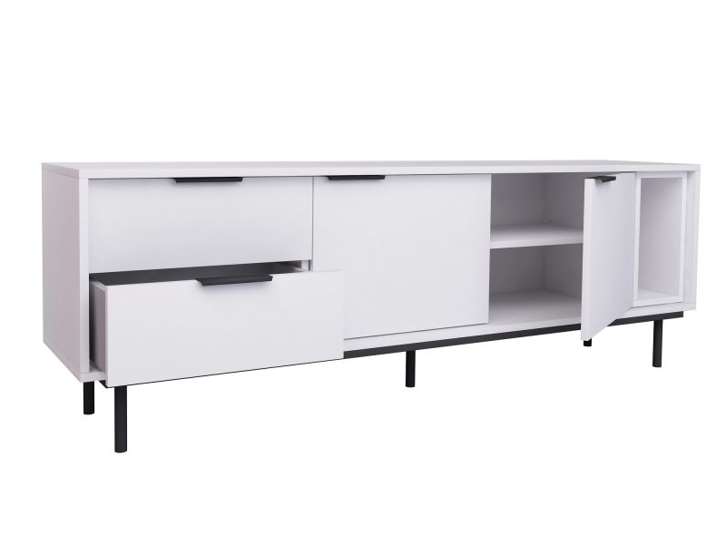 TV-Lowboard Cala Weiß Matt 175cm mit geöffneten Schubladen und Türen
