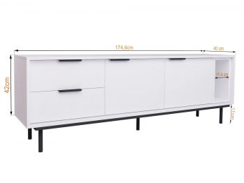 TV-Lowboard Cala Weiß Matt auf schwarzen Beinen mit Maßangaben 175 × 42 × 40 cm