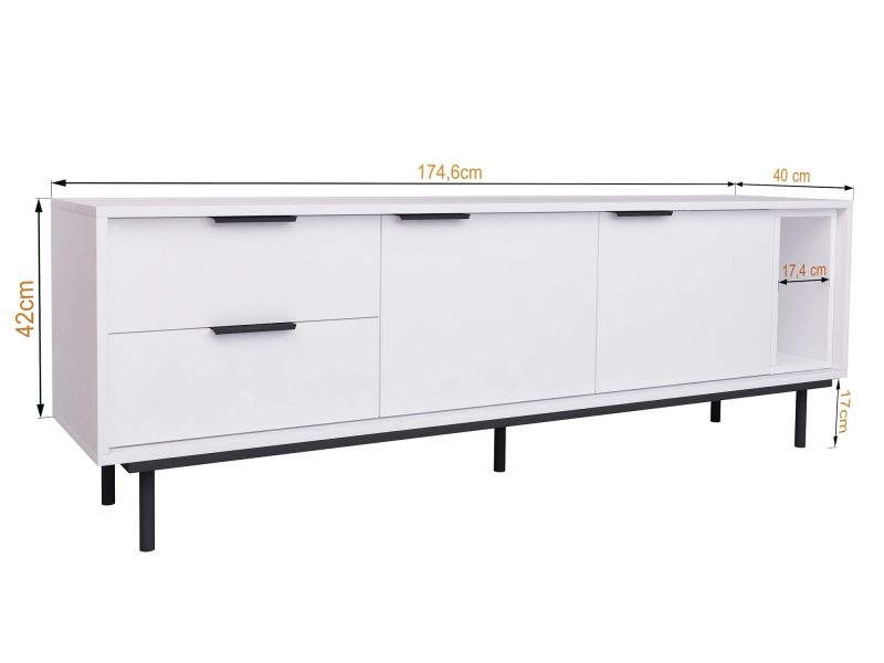 TV-Lowboard Cala Weiß Matt auf schwarzen Beinen mit Maßangaben 175 × 42 × 40 cm