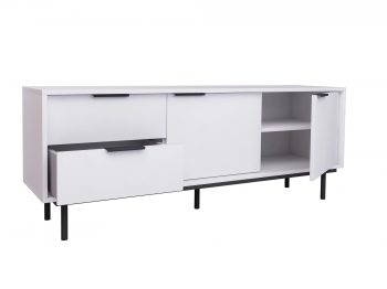 TV-Lowboard Cala Weiß Matt 154cm mit geöffneten Schubladen und Türen