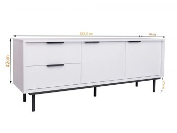 TV-Lowboard Cala Weiß Matt auf schwarzen Beinen mit Maßangaben 154 × 42 × 40 cm