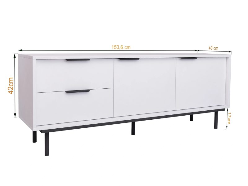 TV-Lowboard Cala Weiß Matt auf schwarzen Beinen mit Maßangaben 154 × 42 × 40 cm
