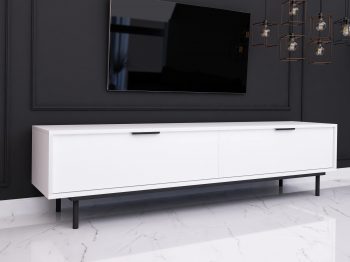 TV-Lowboard Cala 180cm Weiß Matt, schräge Seitenansicht im modernen Wohnzimmer