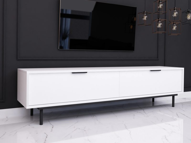 TV-Lowboard Cala 180cm Weiß Matt, schräge Seitenansicht im modernen Wohnzimmer