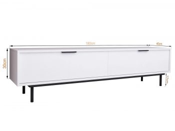 TV-Lowboard Cala Weiß Matt auf schwarzen Beinen mit Maßangaben 180 × 30 × 40 cm